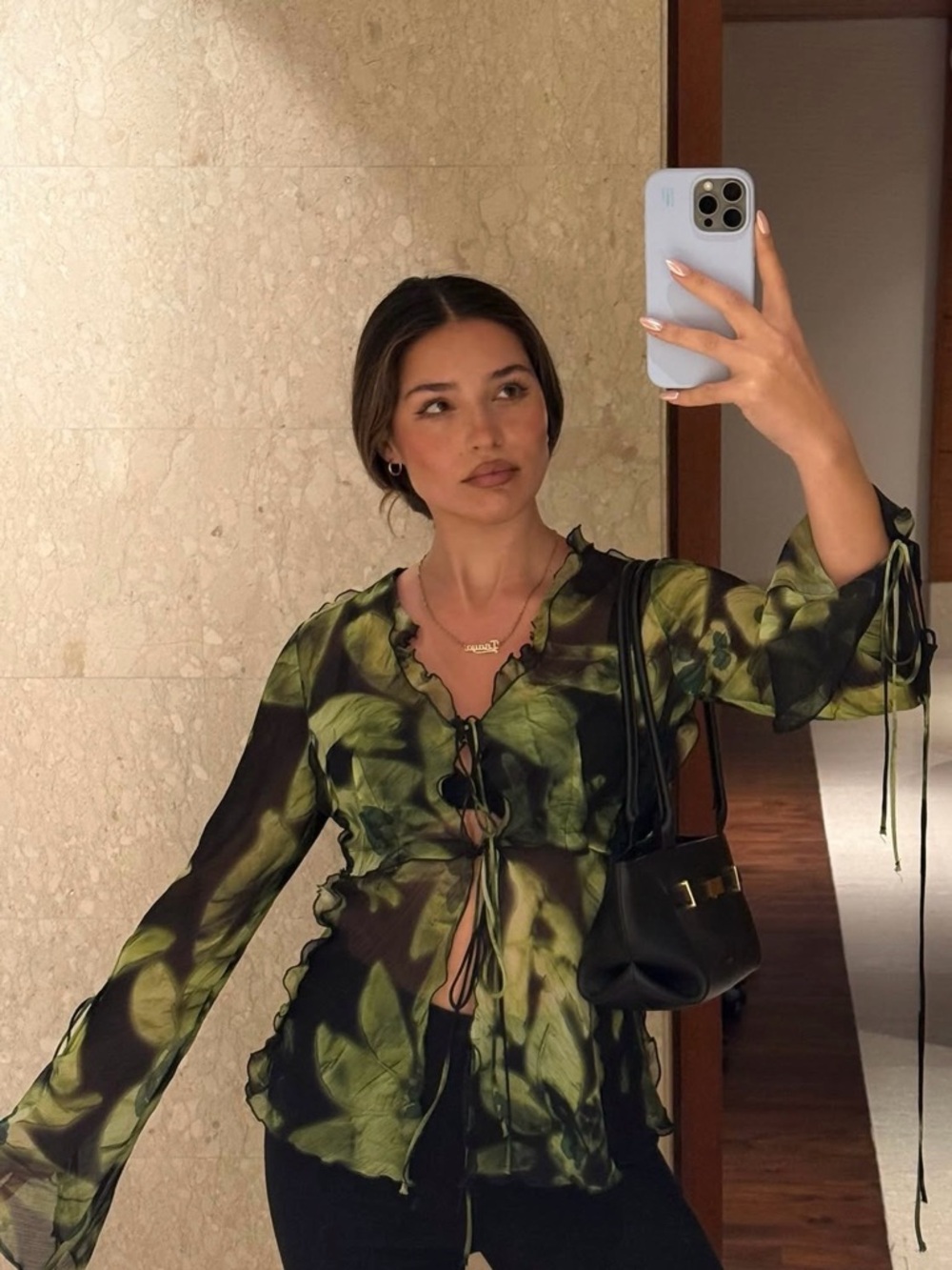 Mango Green and Black Print Sheer Tie-Front Top